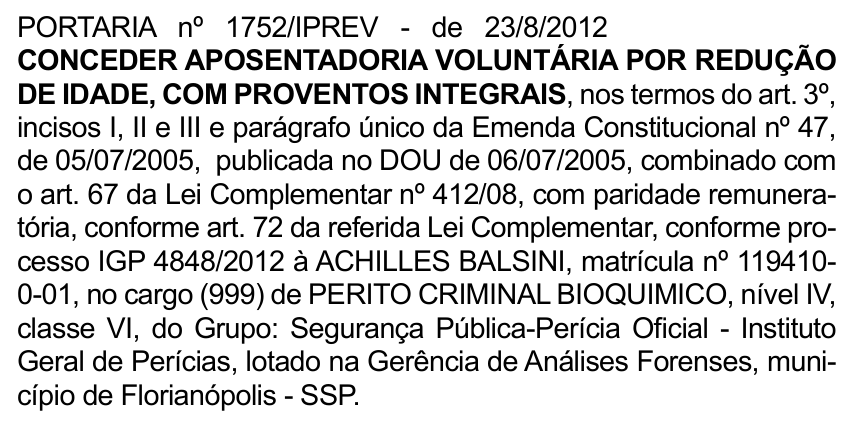 Trecho da Portaria 1752/IPREV, publicada em 30 de agosto de 2012.