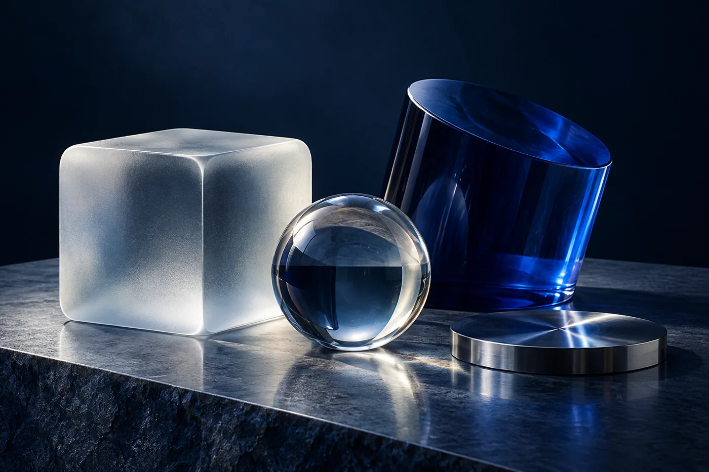 Volumes de vidro com geometrias diferentes, em imagem conceitual gerada por IA.