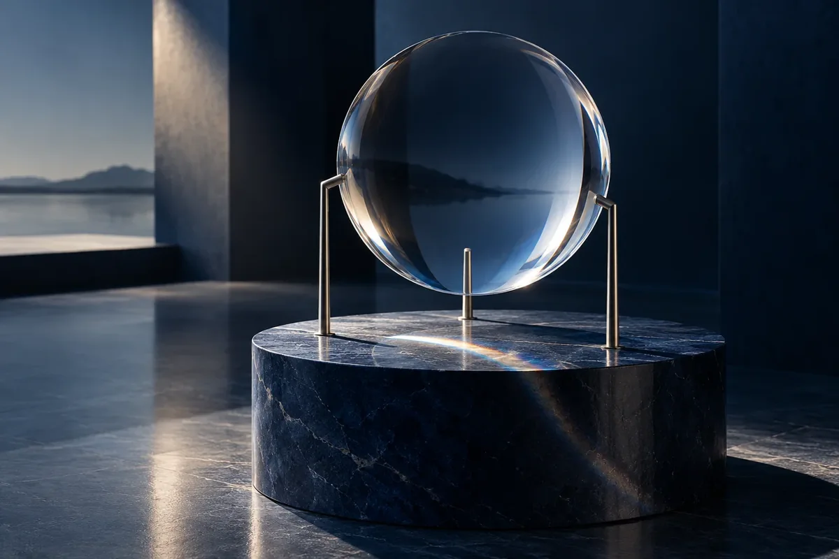 Lente circular equilibrada sobre uma base, em composição ilustrativa