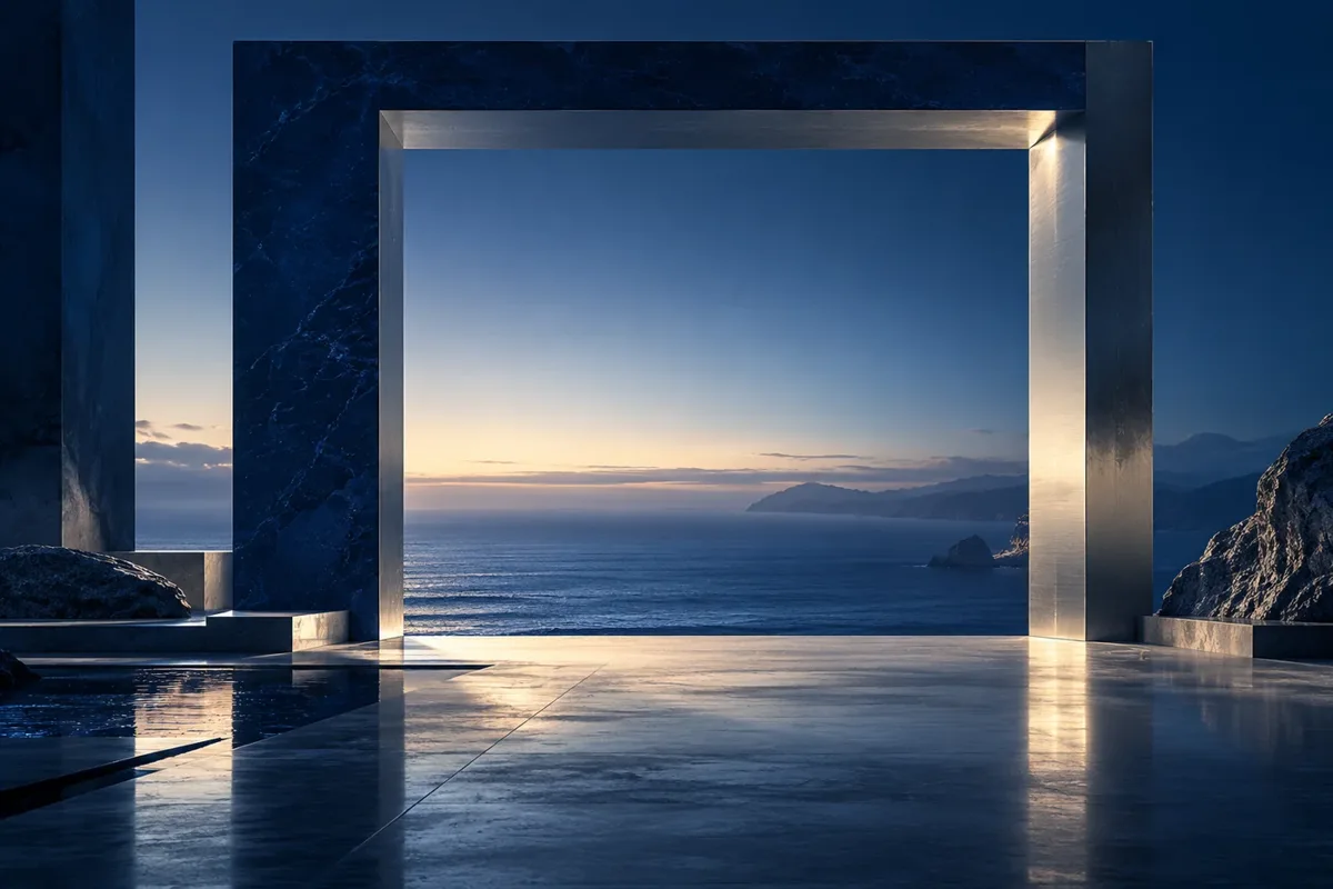 Portal azul voltado para um horizonte aberto, em ilustração